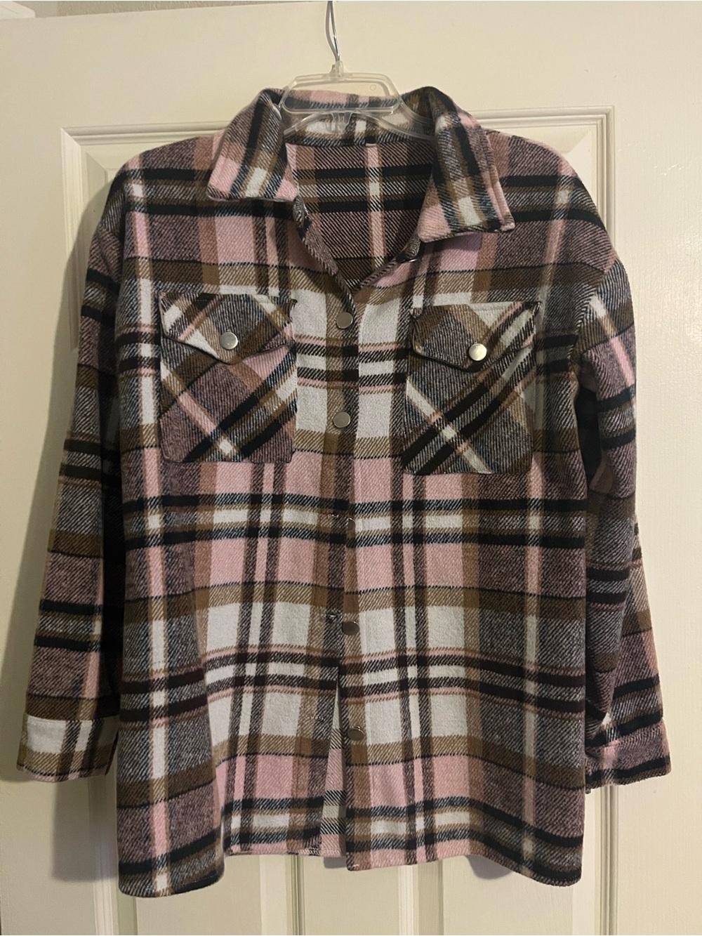 Pink and Brown Plaid Button-Up Shacket